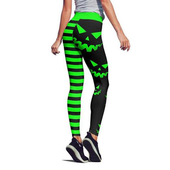 Halloween Pumpkin Print Pants – Stretchy Polyester, Sizes XS–XL