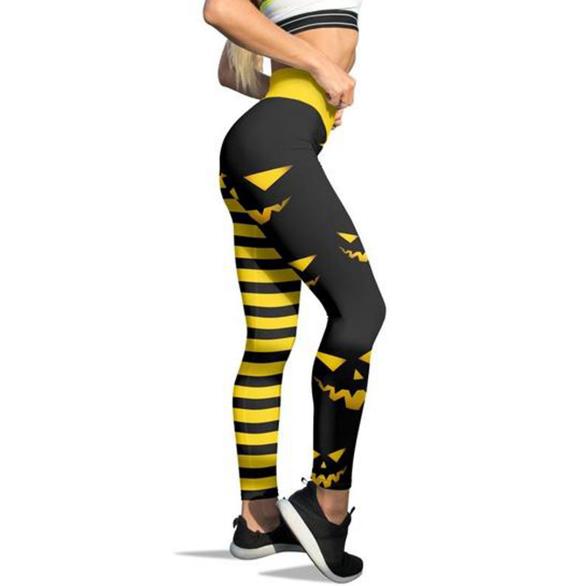 Halloween Pumpkin Print Pants – Stretchy Polyester, Sizes XS–XL