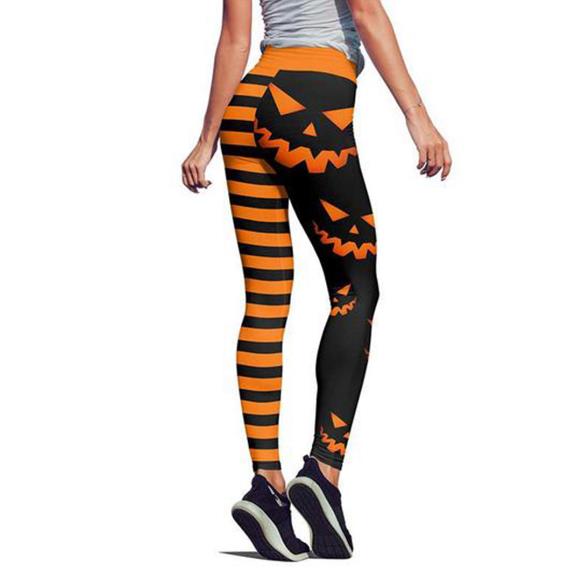 Halloween Pumpkin Print Pants – Stretchy Polyester, Sizes XS–XL